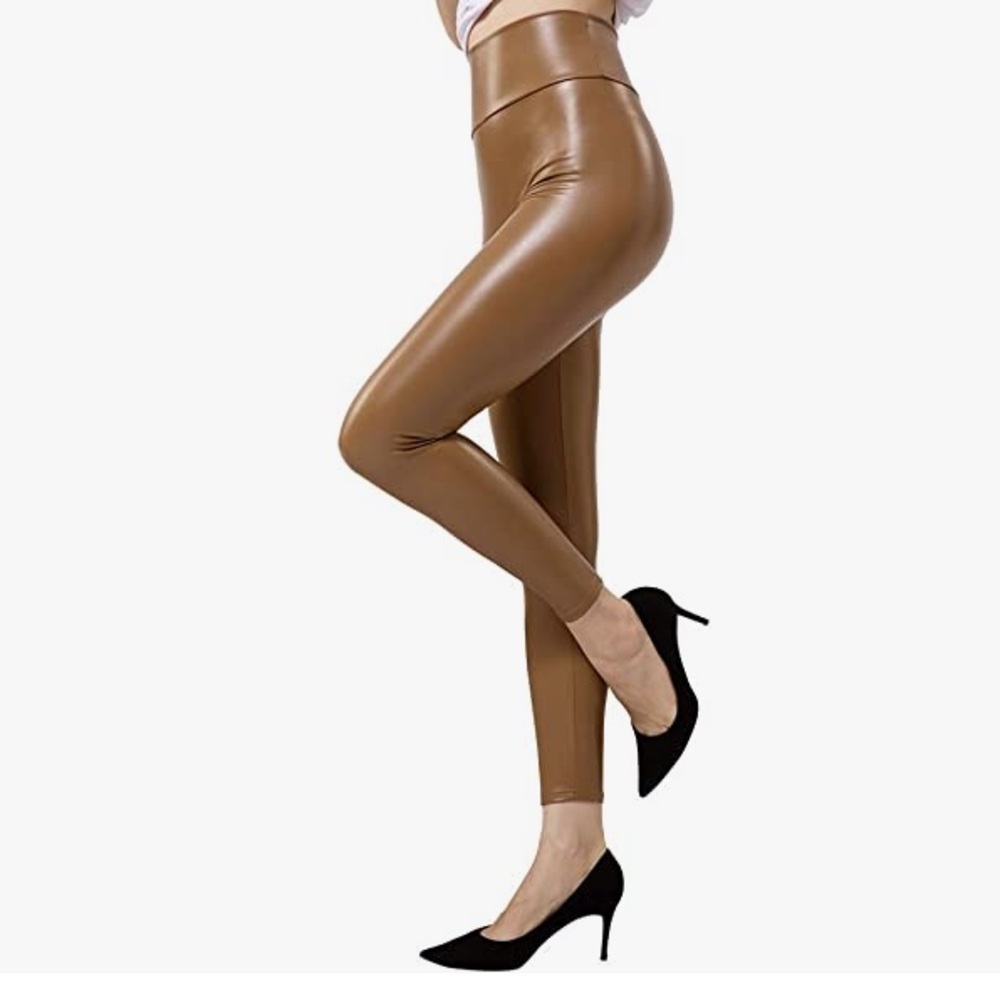 Women's Stretchy Faux Leather Leggings Pants, Sexy Red High Waisted Tights—-BNIP